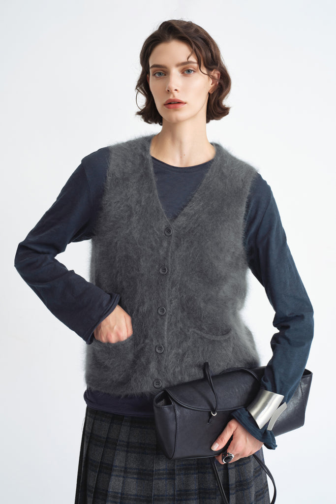 Seamless Brushed Cashmere V-Neck Cardigan Sweater Vest  Fibflx