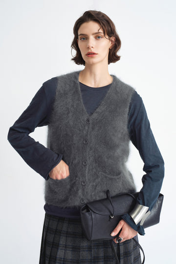 Seamless Brushed Cashmere V-Neck Cardigan Sweater Vest  Fibflx