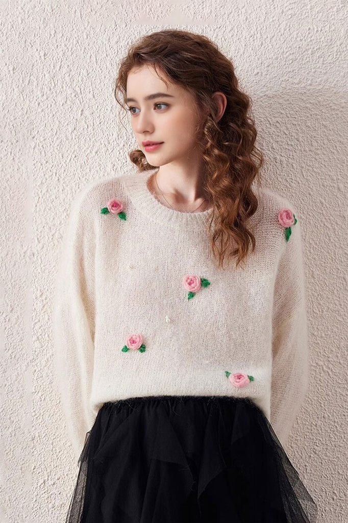 Semi-Sheer Cashmere-Silk Blend Floral Appliqué Crewneck Sweater  Fibflx