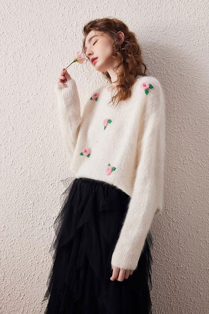Semi-Sheer Cashmere-Silk Blend Floral Appliqué Crewneck Sweater  Fibflx