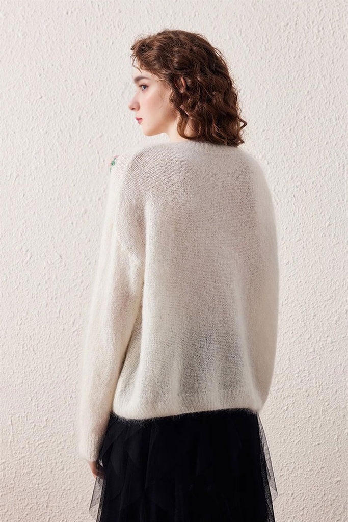 Semi-Sheer Cashmere-Silk Blend Floral Appliqué Crewneck Sweater  Fibflx