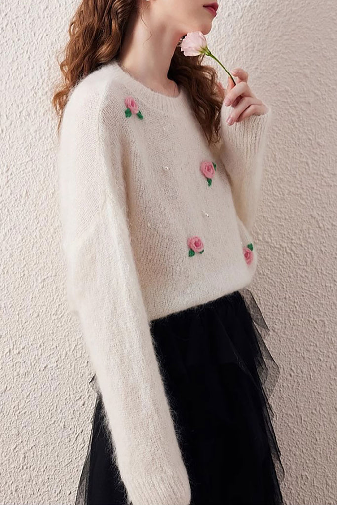 Semi-Sheer Cashmere-Silk Blend Floral Appliqué Crewneck Sweater  Fibflx