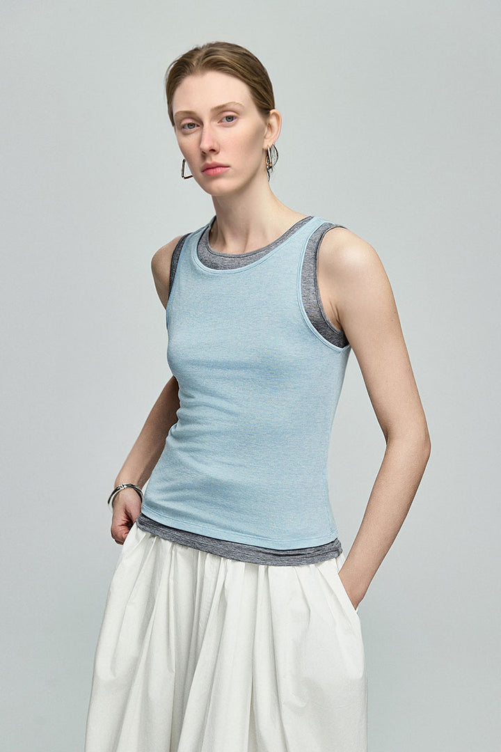 Semi-Sheer Tencel-Wool Sleeveless Double-Layer Scoop-Neck Tank Top  Fibflx