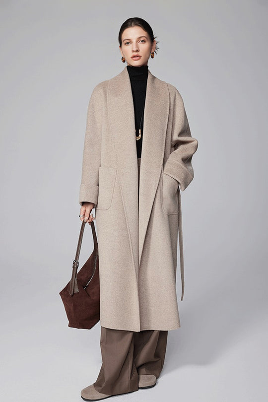 Cashmere wrap coat ensemble for dressy brunch