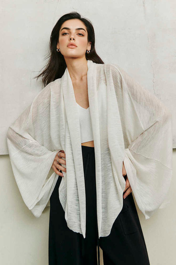 Sheer Batwing Sleeve Open Front Cardigan  Fibflx