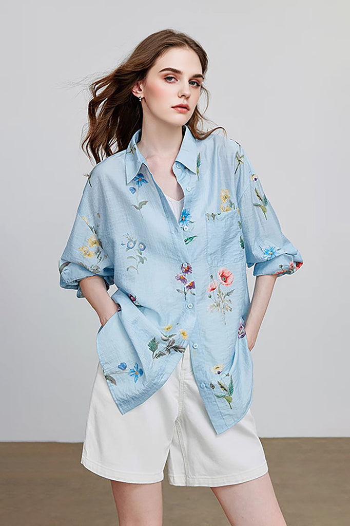 Sheer Floral Linen Button-Up Shirt - Fibflx