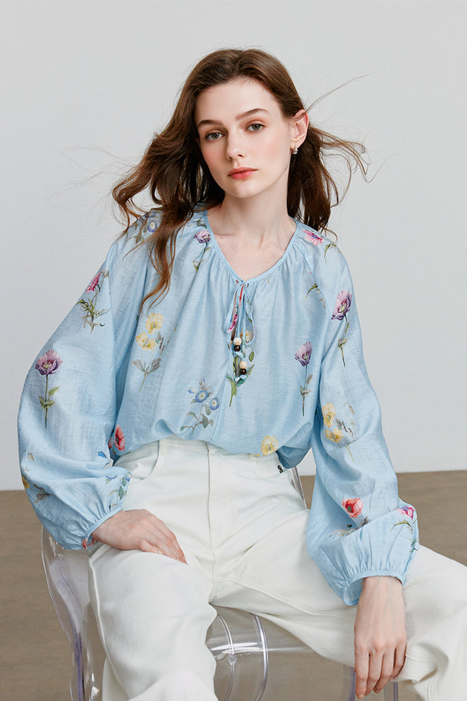 Sheer Floral Linen Tie-Neck Blouse With Balloon Sleeves - Fibflx