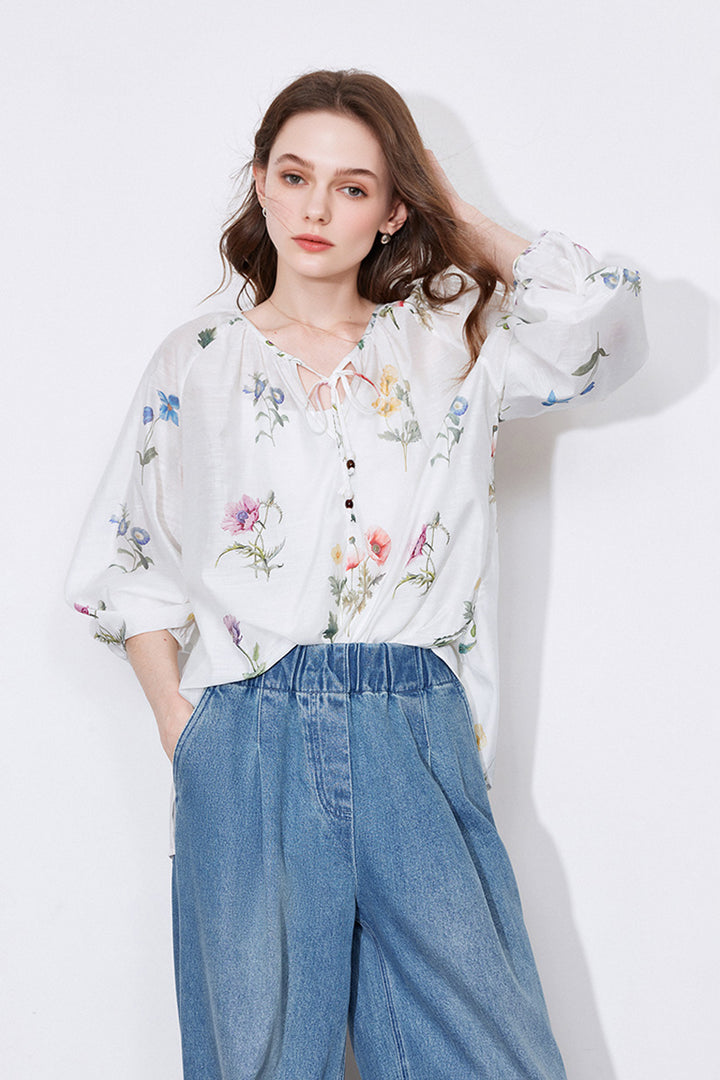 Sheer Floral Linen Tie-Neck Blouse With Balloon Sleeves  Fibflx