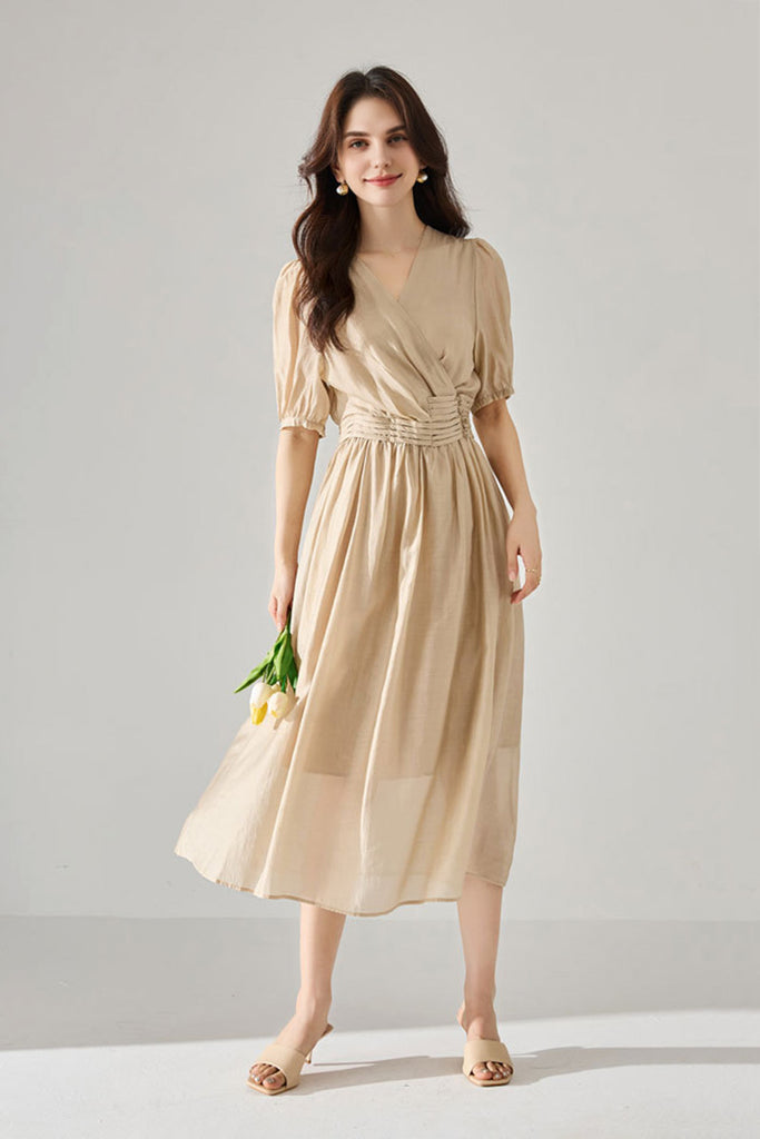 Sheer Tencel A-Line Midi Wrap Dress with Button Detail in Beige M / Oak Beige / Shell: 80% Lyocell 15% Recycled Po Fibflx