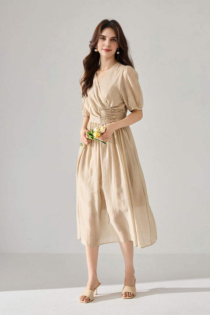 Sheer Tencel A-Line Midi Wrap Dress with Button Detail in Beige  Fibflx