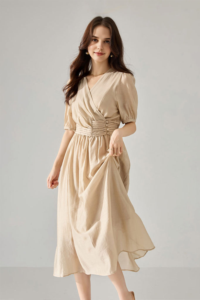 Sheer Tencel A-Line Midi Wrap Dress with Button Detail in Beige  Fibflx