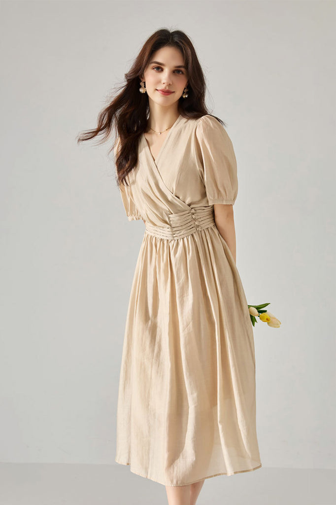 Sheer Tencel A-Line Midi Wrap Dress with Button Detail in Beige  Fibflx