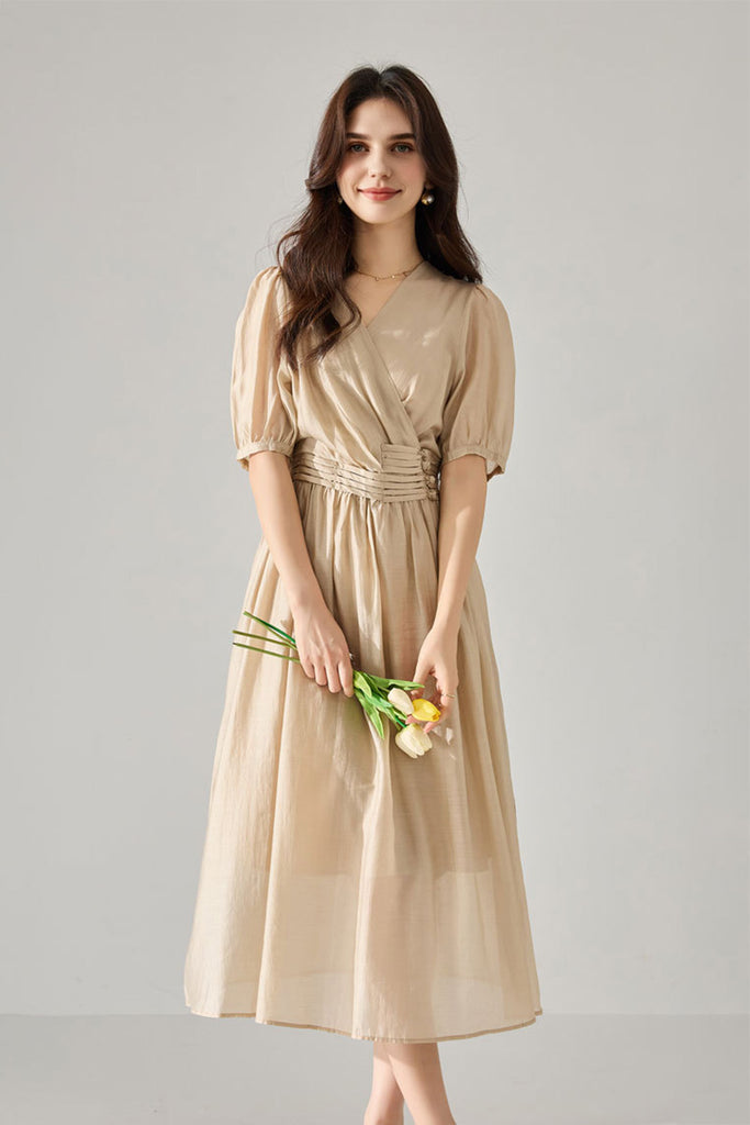 Sheer Tencel A-Line Midi Wrap Dress with Button Detail in Beige  Fibflx