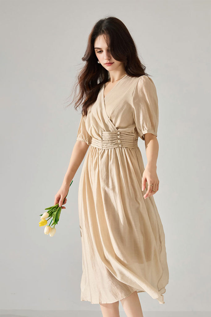 Sheer Tencel A-Line Midi Wrap Dress with Button Detail in Beige  Fibflx