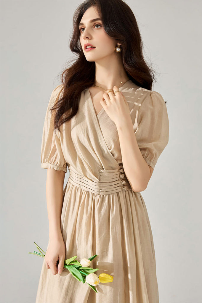 Sheer Tencel A-Line Midi Wrap Dress with Button Detail in Beige  Fibflx