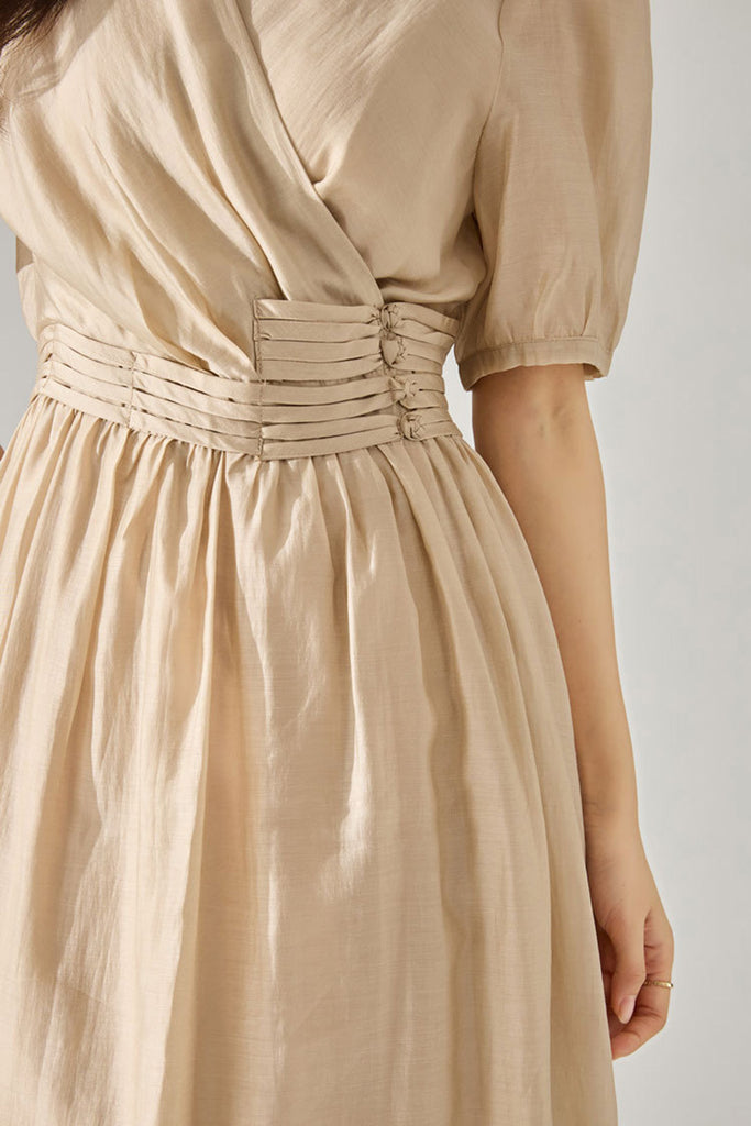 Sheer Tencel A-Line Midi Wrap Dress with Button Detail in Beige  Fibflx