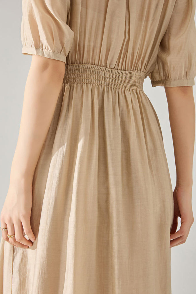 Sheer Tencel A-Line Midi Wrap Dress with Button Detail in Beige  Fibflx