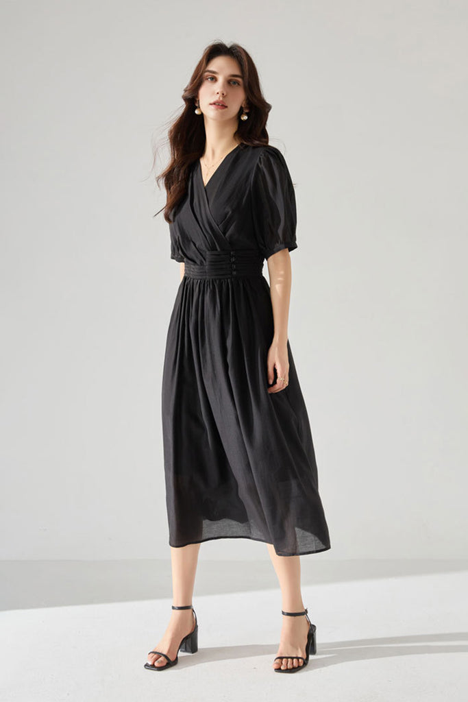 Sheer Tencel A-Line Midi Wrap Dress with Button Detail in Black  Fibflx