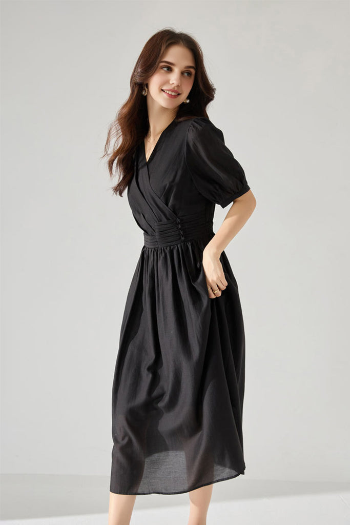 Sheer Tencel A-Line Midi Wrap Dress with Button Detail in Black  Fibflx