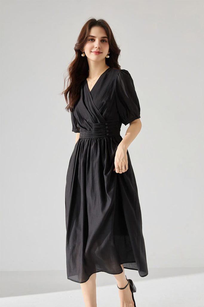 Sheer Tencel A-Line Midi Wrap Dress with Button Detail in Black M / Black / Shell: 80% Lyocell 15% Recycled Polyes Fibflx