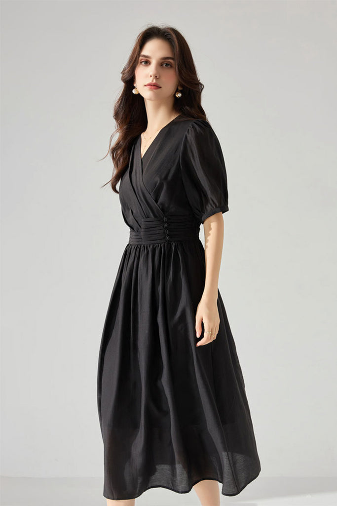 Sheer Tencel A-Line Midi Wrap Dress with Button Detail in Black  Fibflx