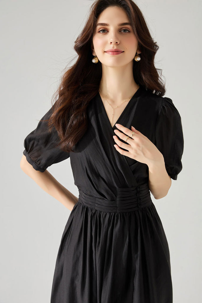 Sheer Tencel A-Line Midi Wrap Dress with Button Detail in Black  Fibflx