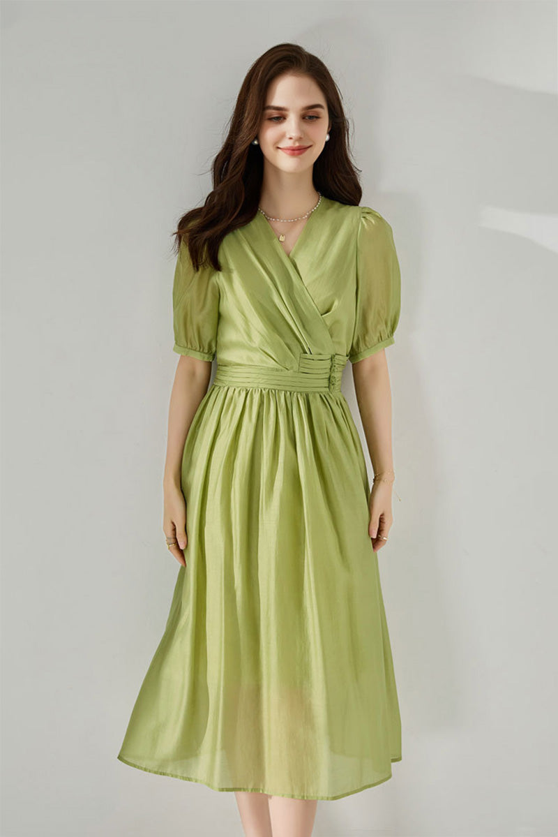 green midi wrap dress Sheer Tencel A-Line with Button Detail in M / Avocado Green / Shell: 80% Lyocell 15% Recycled Polyester Lining: 100% Recycled size:11.5 Wrap dress Collection: DEFINING MOMENTS Trending Lime Green Outfits