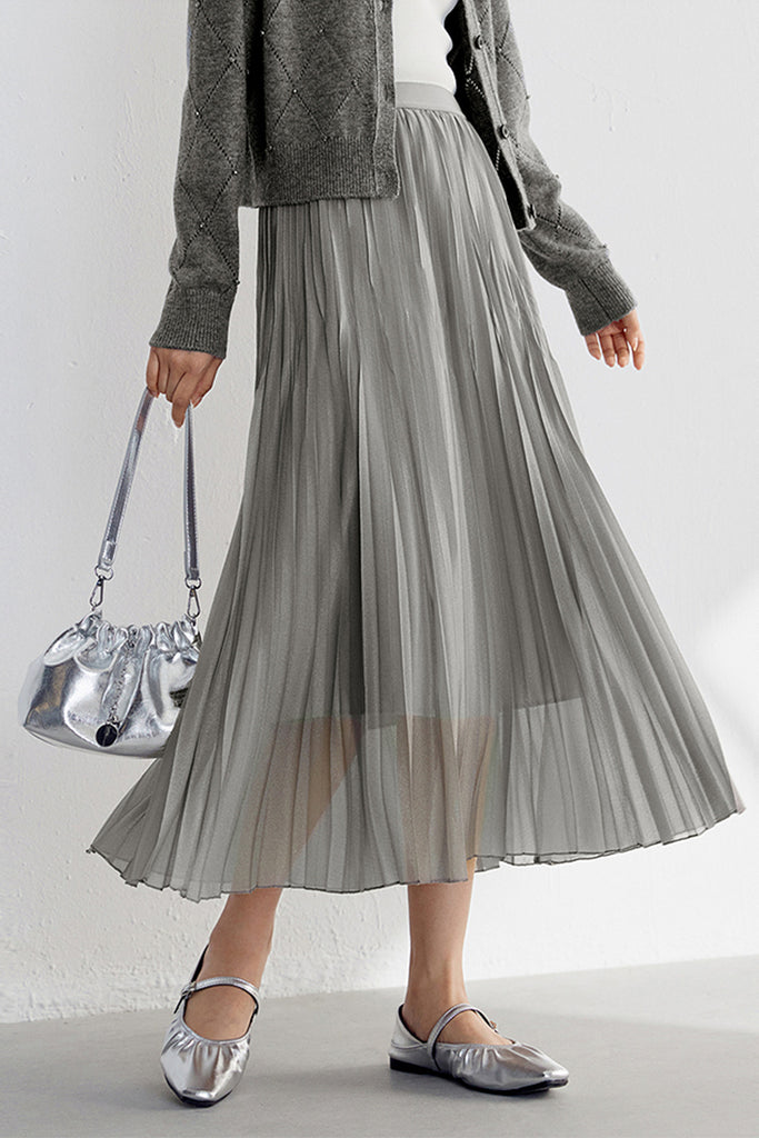 Shimmery Pleated Mesh High-Rise Midi Skirt - Fibflx