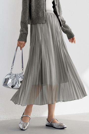 Shimmery Pleated Mesh High-Rise Midi Skirt - Fibflx