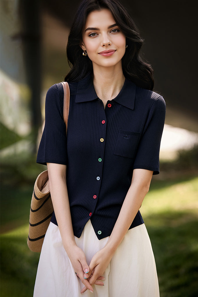 Short-Sleeve Knit Polo Cardigan With Colorful Buttons - Fibflx
