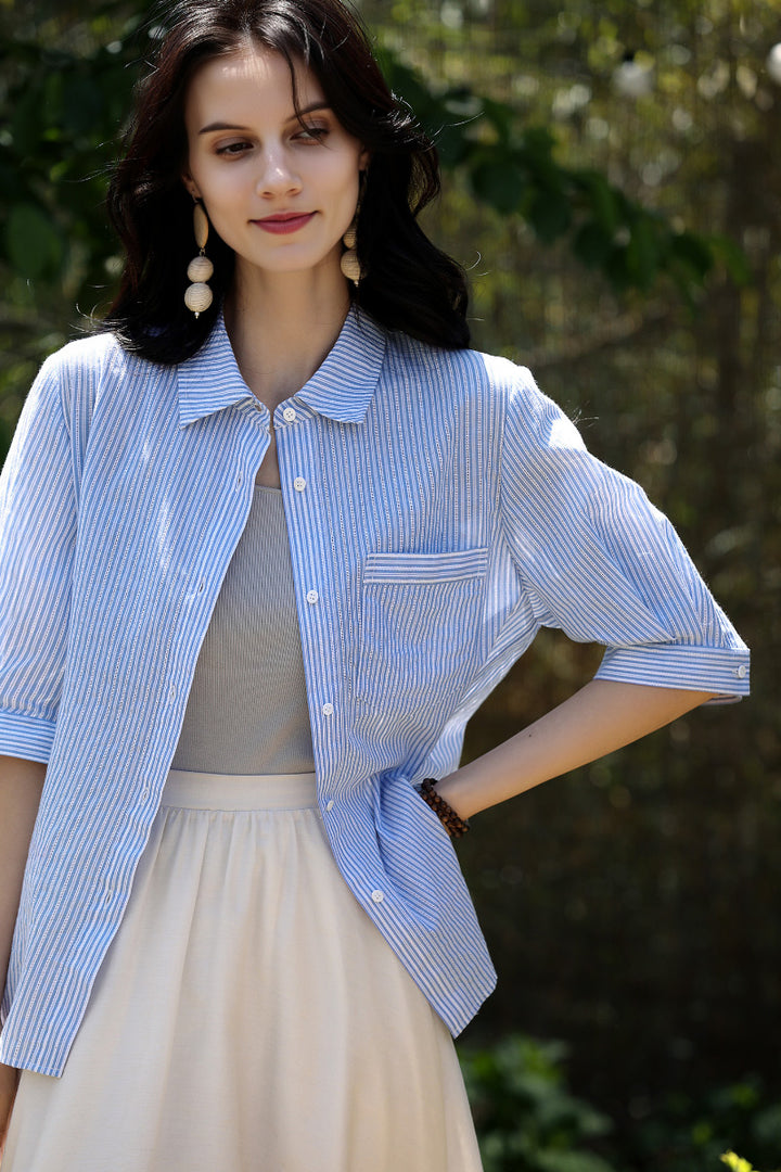 blue and white striped dress shirt womens Stripe Lantern Sleeve Button-Up Shirt