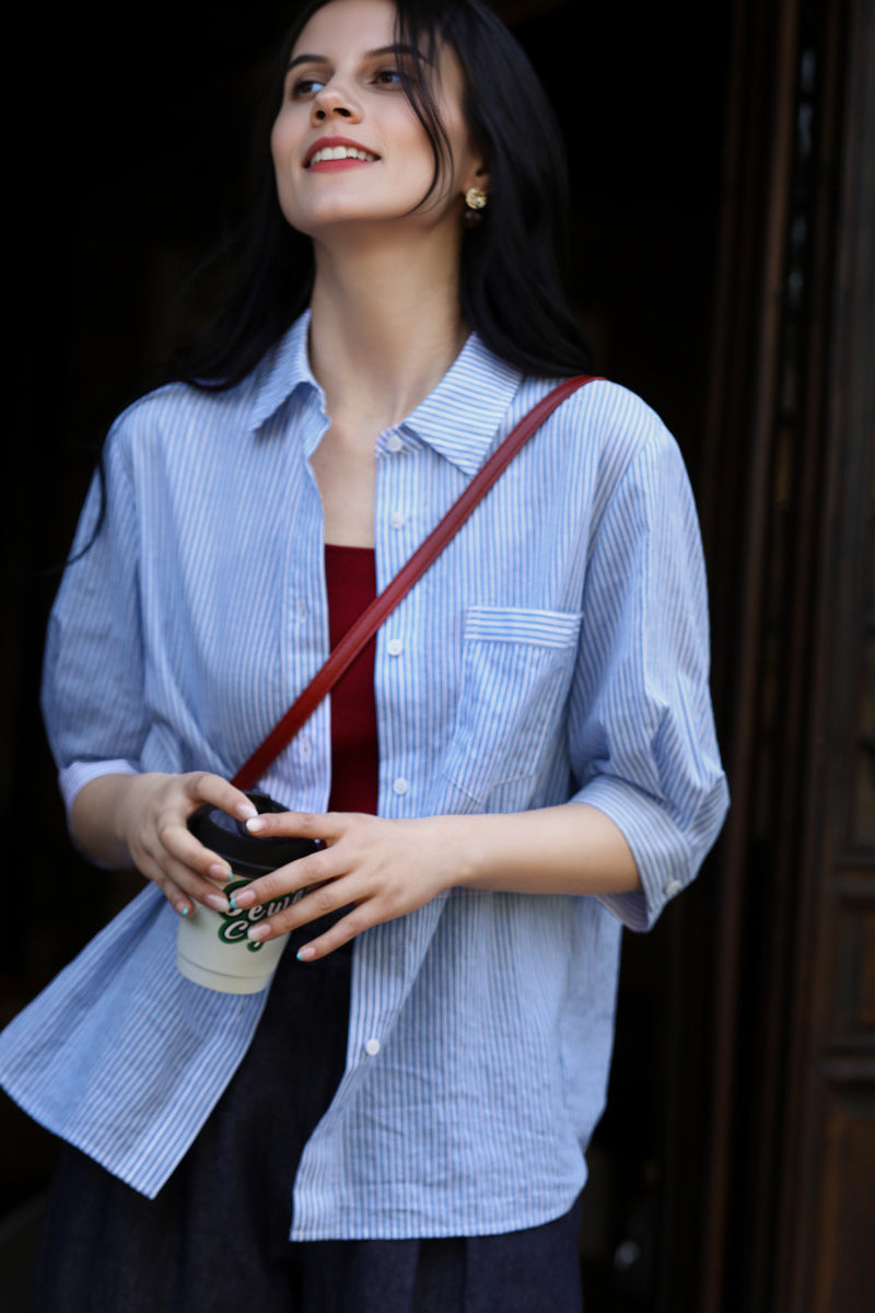 blue and white striped dress shirt womens Stripe Lantern Sleeve Button-Up Shirt
