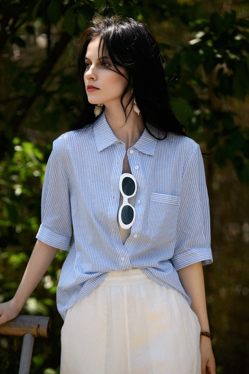 blue and white striped dress shirt womens Women's Relaxed Blue & White Stripe Knot Front Shirt