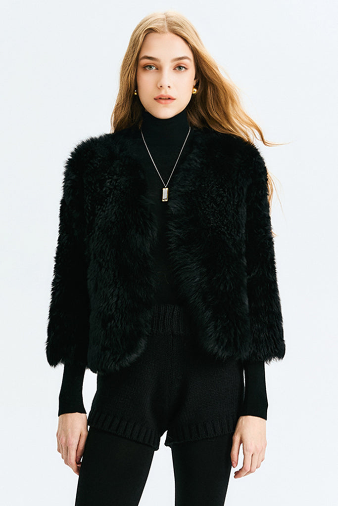 Short Toscana Shearling  3/4 Sleeve Spanish Sheepskin Jacket Black / M Fibflx