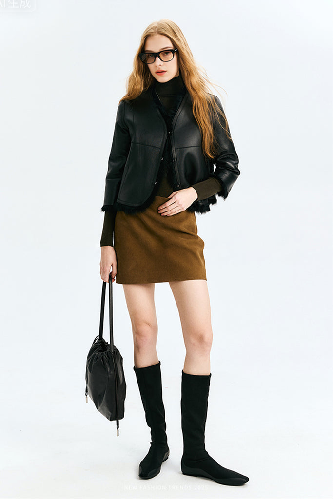 Short Toscana Shearling  3/4 Sleeve Spanish Sheepskin Jacket  Fibflx