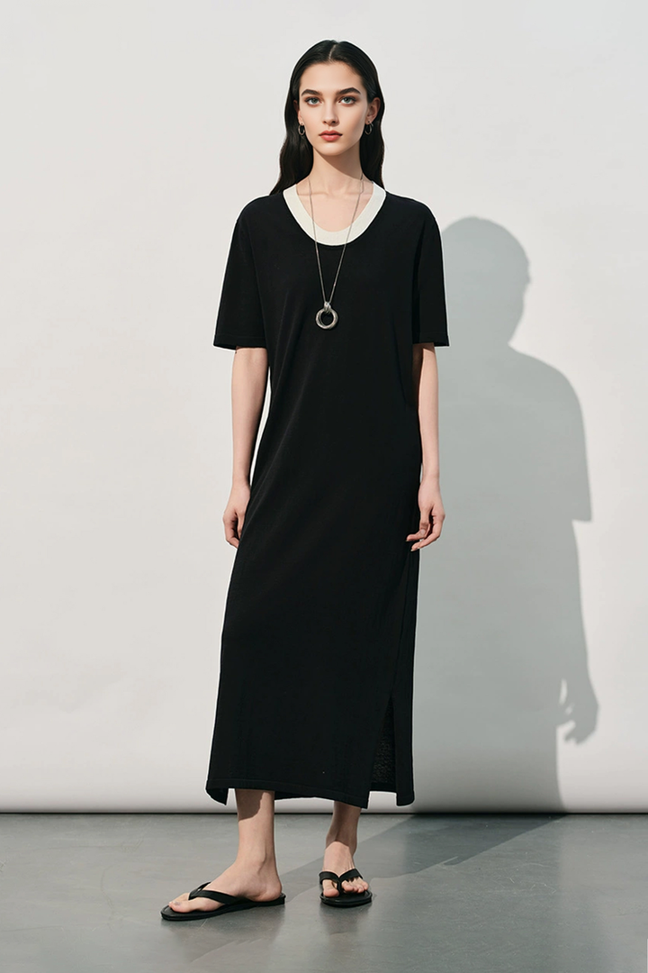 Side Slit Short Sleeve T Shirt Maxi Dress Black / S