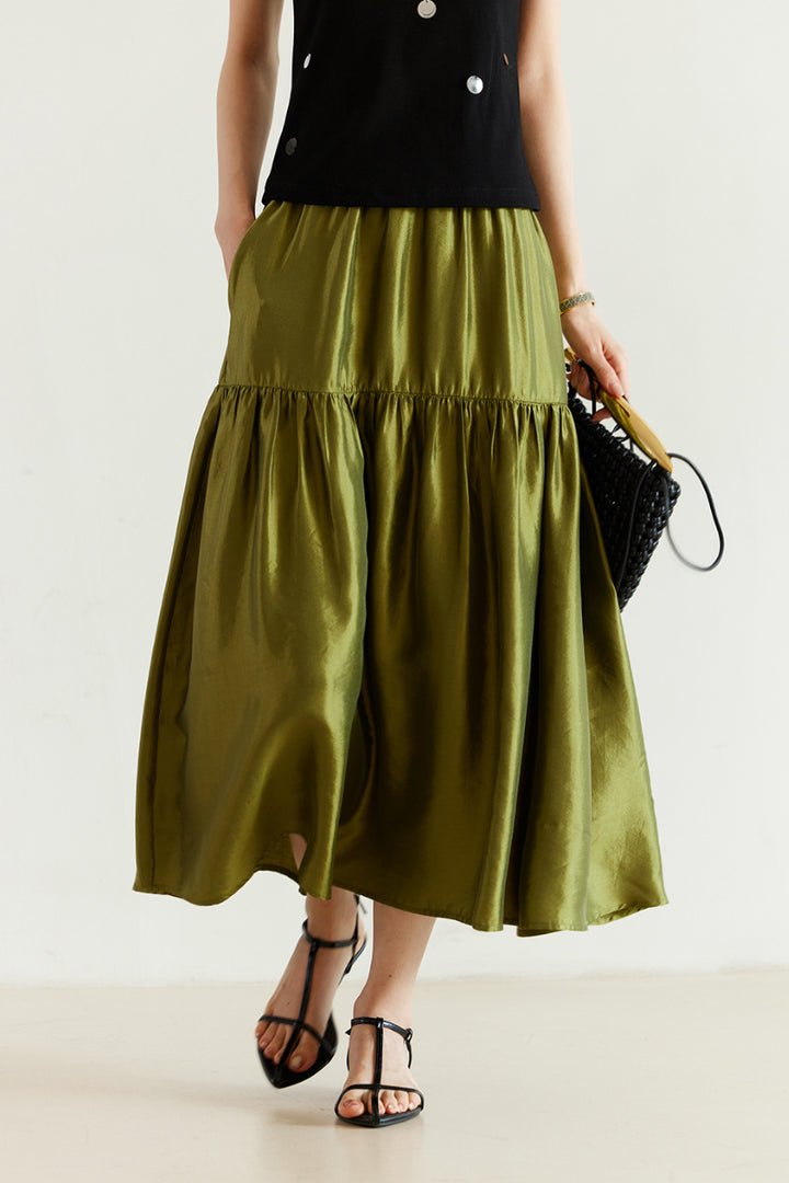 Silk-Blend Pleated Satin Flared Maxi Skirt in Olive Green M / Forest Green / 41.8% Lyocell 35% Viscose 13.2% Fibflx