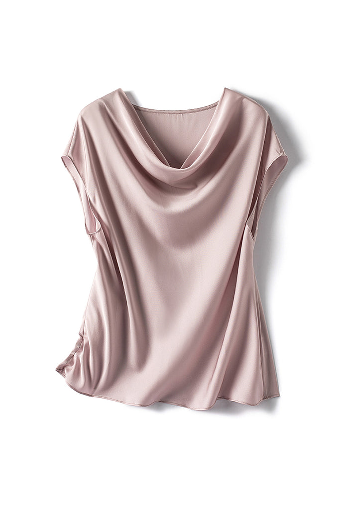 Silk Cowl-Neck Cap-Sleeve Blouse XL / Innocence Pink / 100% Mulberry Silk Fibflx