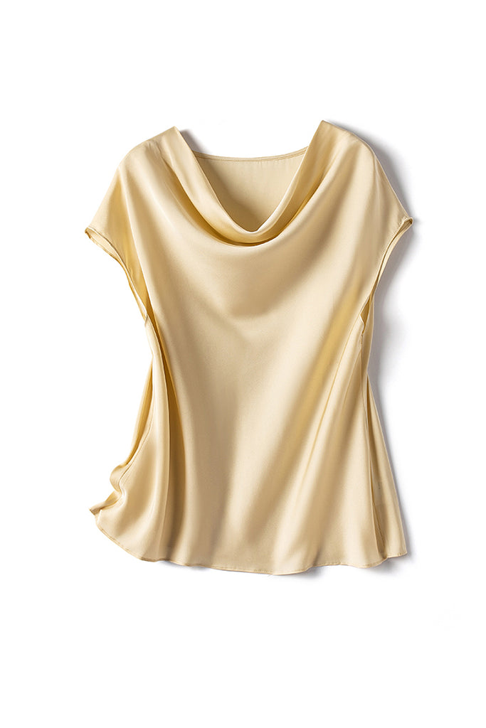 Silk Cowl-Neck Cap-Sleeve Blouse XL / Lemonade Yellow / 100% Mulberry Silk Fibflx