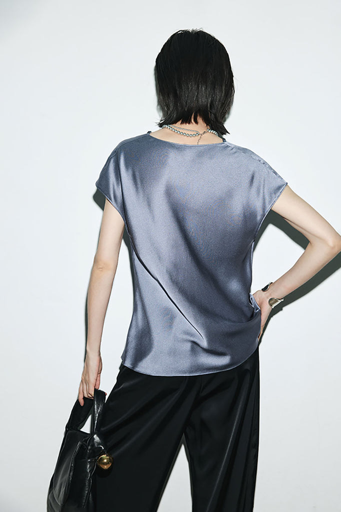 Silk Cowl-Neck Cap-Sleeve Blouse  Fibflx