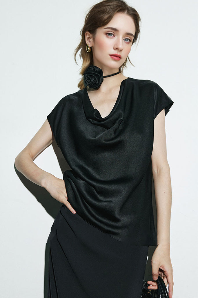 Silk Cowl-Neck Cap-Sleeve Blouse  Fibflx