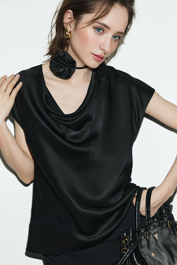 Silk Cowl-Neck Cap-Sleeve Blouse  Fibflx