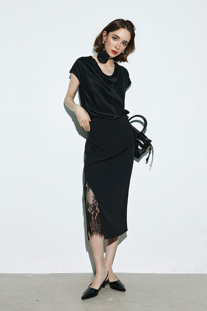 Silk Cowl-Neck Cap-Sleeve Blouse  Fibflx