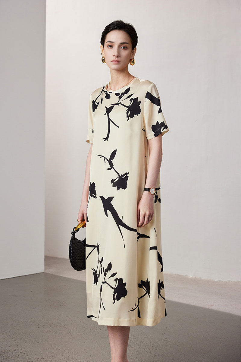 Stretch Silk Floral Short-Sleeve Crewneck Midi T-Shirt Dress M / Ivory / 90% Mulberry Silk 10% Spandex
