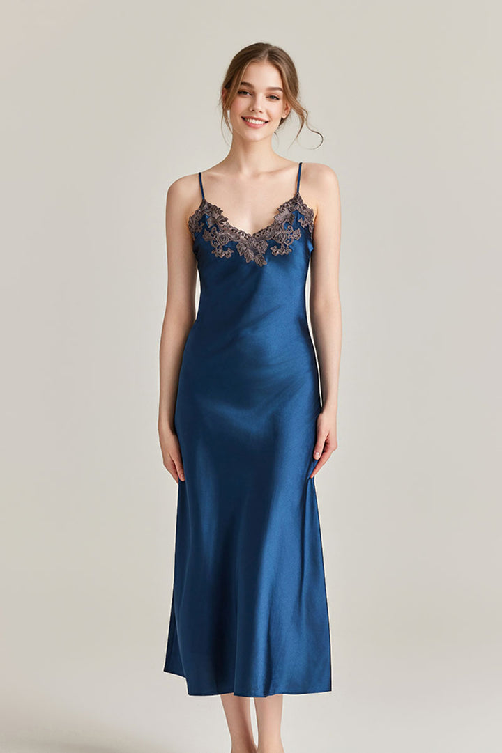 Silk-Tencel Satin V-Neck Midi Slip Dress with Frastaglio M / White / 70% Mulberry Silk 30% Tencel