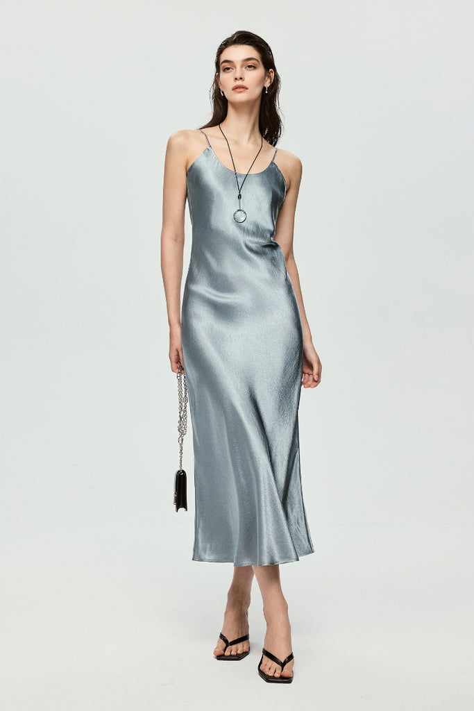 Silver Bias Cut Satin Slip Midi Dress  Fibflx