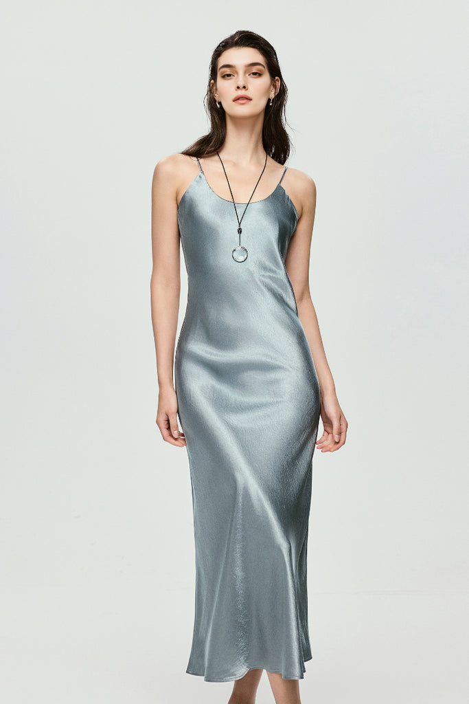 Silver Bias Cut Satin Slip Midi Dress  Fibflx