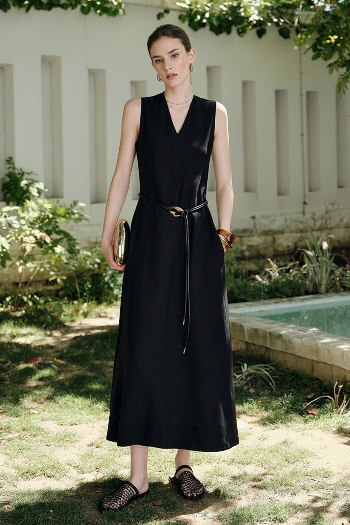 Black Sleeveless A-Line Dress V Neck Maxi | Casual & Vacation Wear Black Sleeveless A-Line Dress V Neck Maxi | Casual & Vacation Wear
