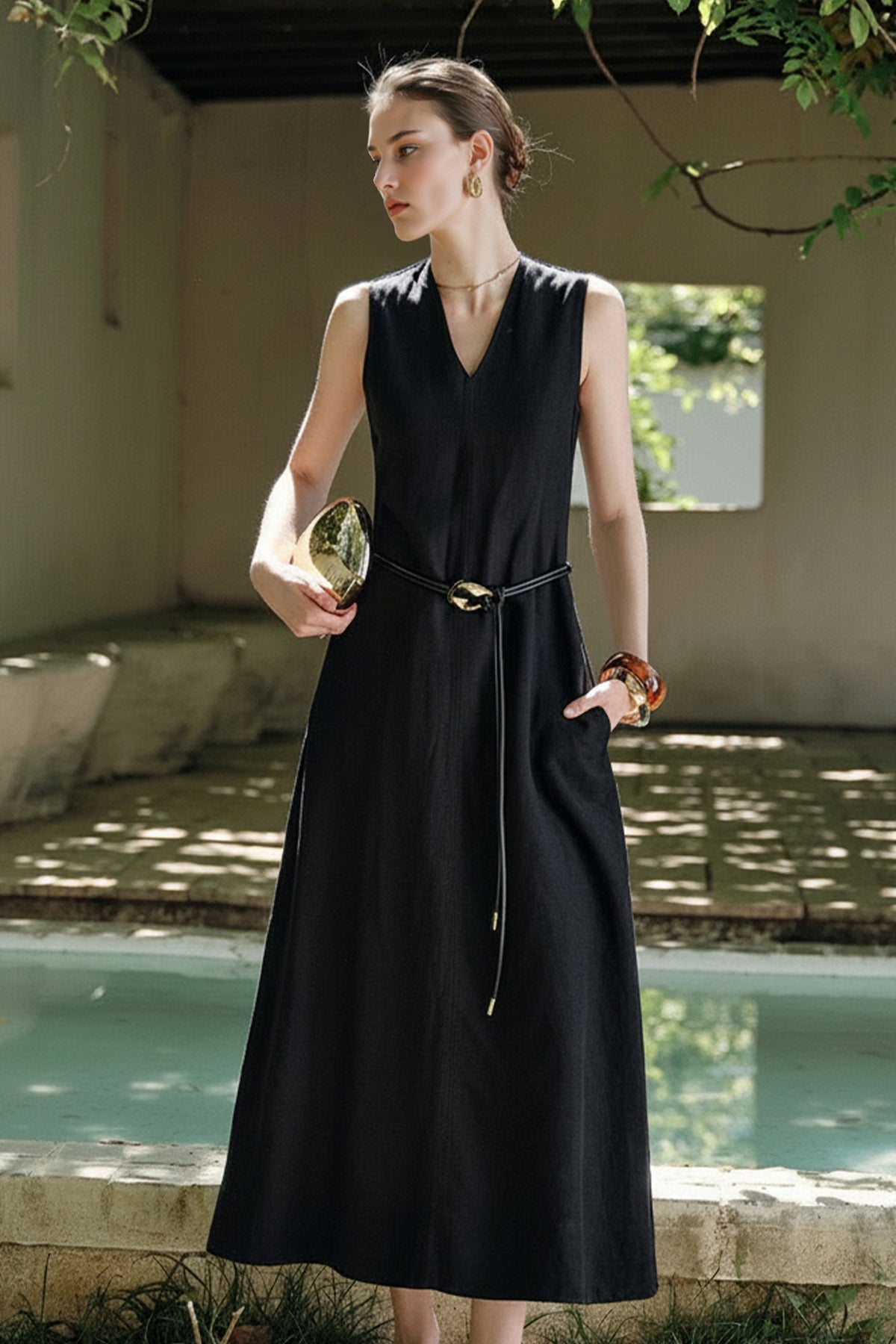 long black sleeveless dress Linen V Neck A Line Maxi / M Pleated dress or any formal event Color:Black Little Black Dress Pretty aw25