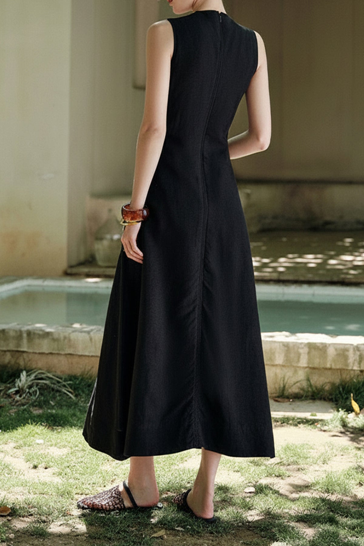 black a line sleeveless dress A-Line V Neck Maxi | Casual & Vacation Wear PLEATED-CHIFFON Army Green Uniform | length design offers effortless Color:Ivory Sequin